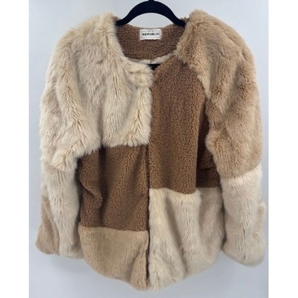 For The Republic Tan Brown Faux Fur Patchwork Jacket LARGE Boho Statement
